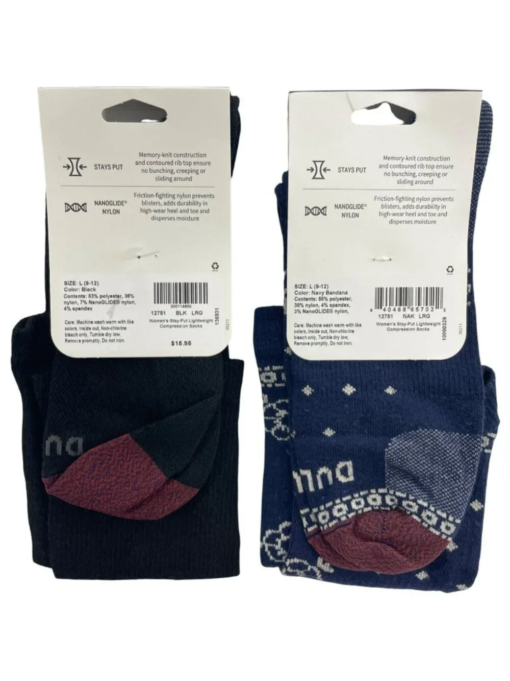 Duluth Trading Stay-Put Compression Socks Black Navy Bandana Women's Sz L (9-12)